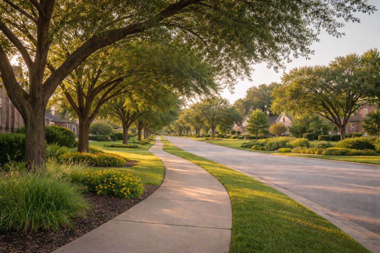 Tree-lined residential street in warm afternoon light, illustrating a new chapter